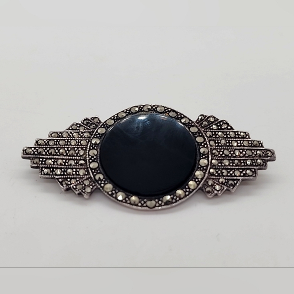 Vintage Art Deco Design, Sterling Silver, Black Onyx And Marcasites Brooch/Pin.